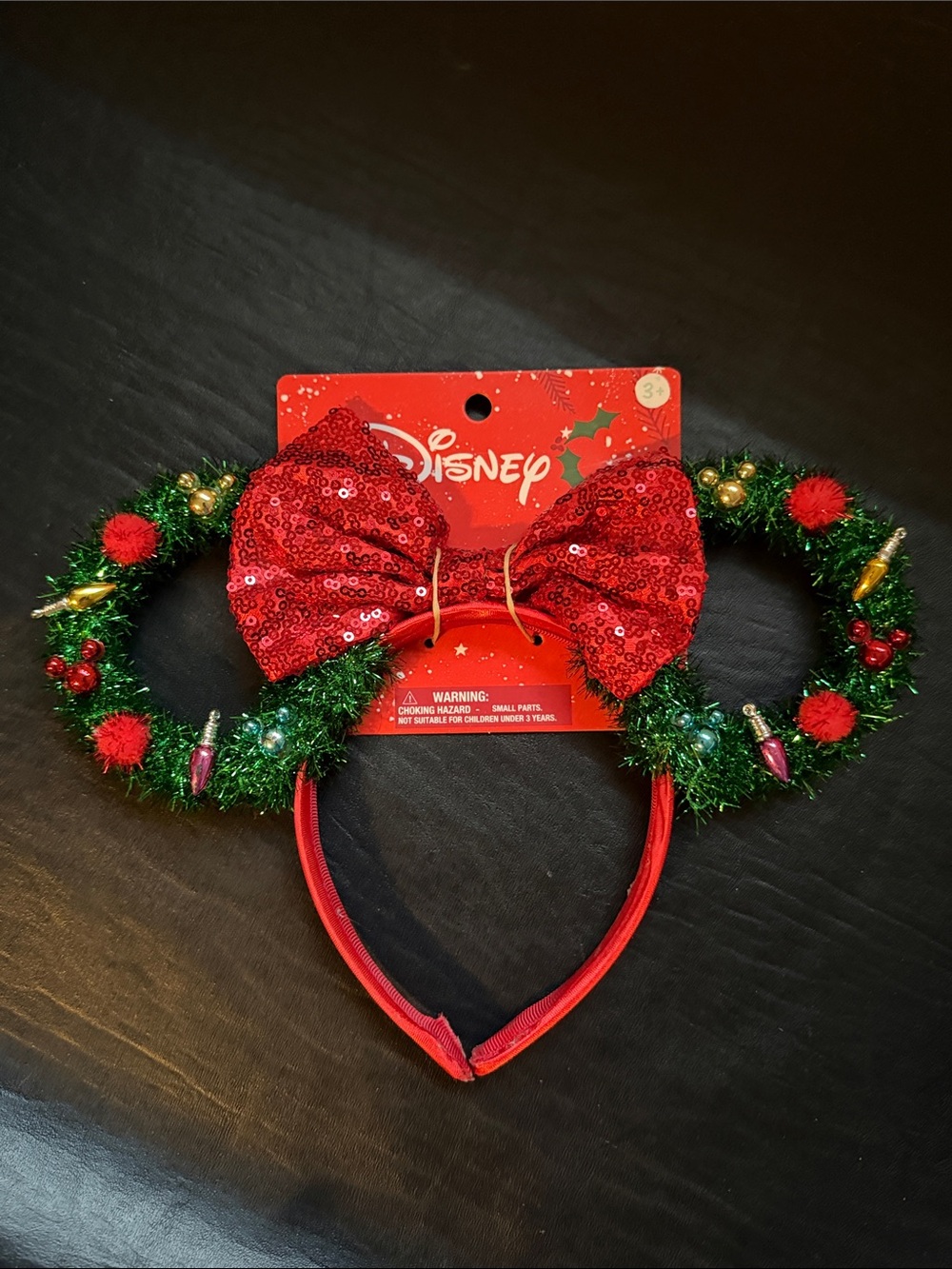 Disney Green Tinsel Ear Headband with Red Sequin Bow